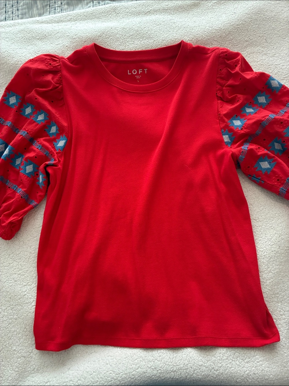 LOFT Red Tee with Blue Patterned Puff Sleeves
